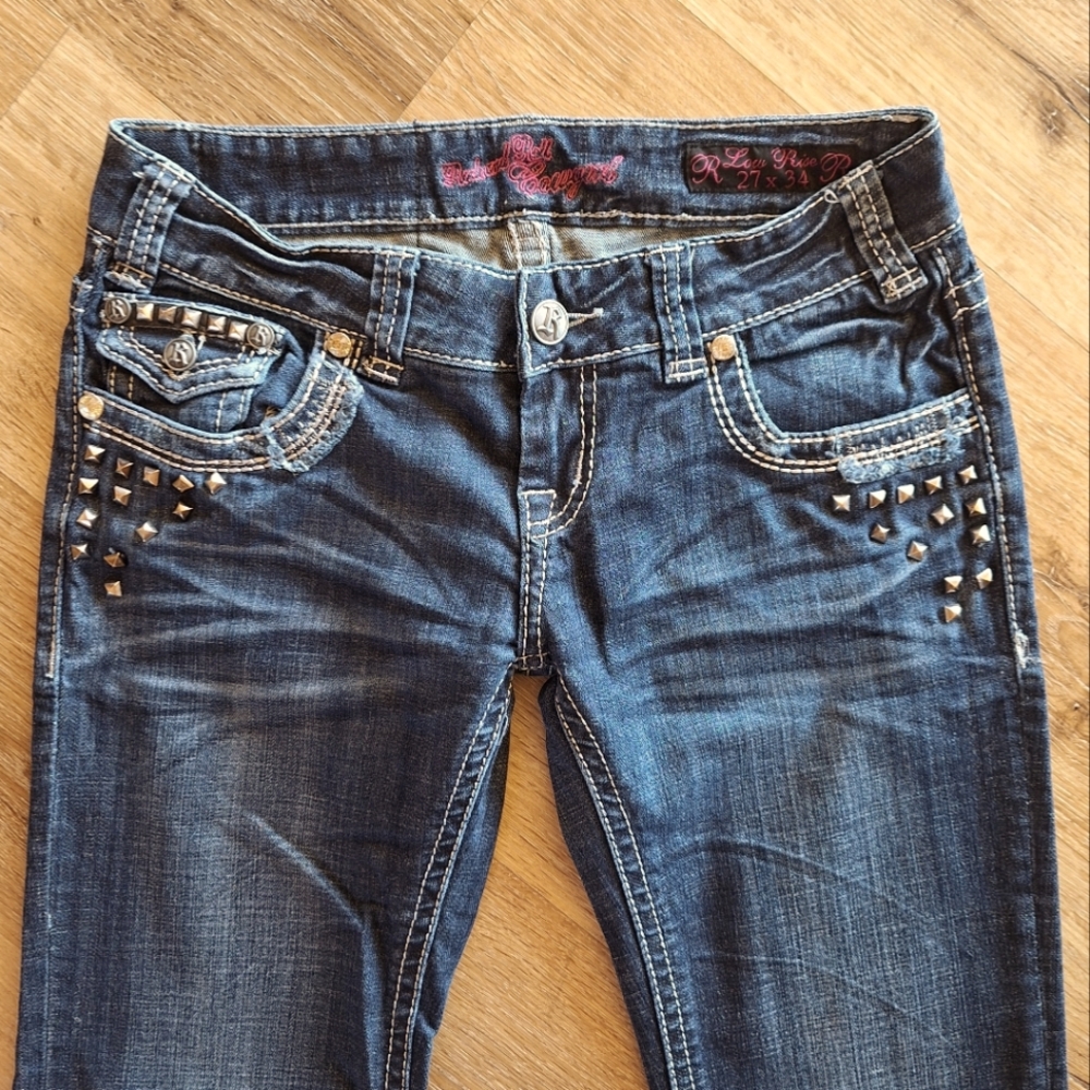 Rock & Roll Cowgirl Women's Dark Blue Boot Cut Jeans with Stud Detail